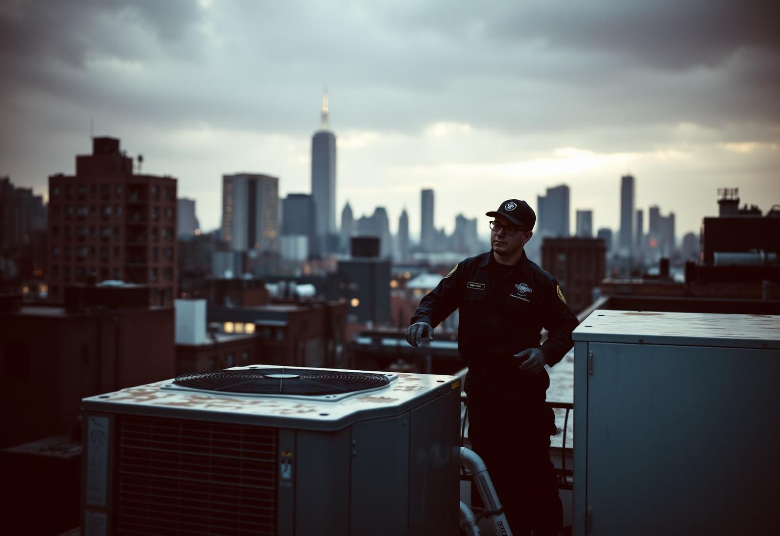 HVAC technician servicing a rooftop condenser with the New York City skyline behind